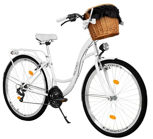 MILORD Damenfahrrad Citybike Komfort Mit Weidenkorb Hollandrad Vintage Fahrrad, 26, 28 Zoll, 21-Gang