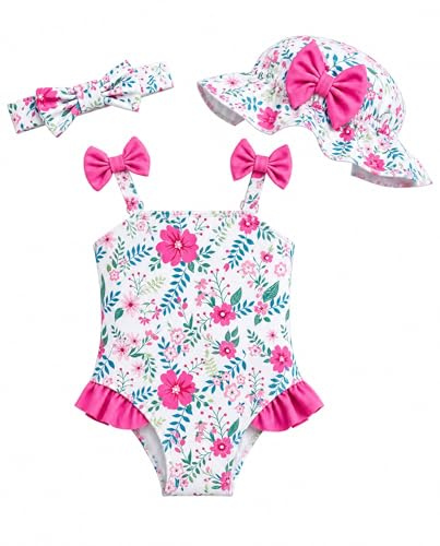 DivingBirds Baby Mädchen Badeanzug Set 3-teilig mit Sonnenhut & Stirnband, Einteiler Badeanzüge für Baby - Mädchen Bademode Schwimmanzug Uv Schutzkleidung für 3 Monate - 3 Jahre