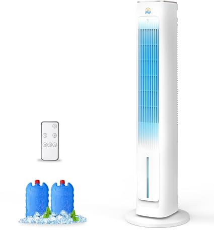 Exnos Tragbarer Verdunstungsluftkühler, 3-in-1-Kühlventilatoren, die kalte Luft mit 3L Wassertank blasen, 96,5 cm Turmventilator für Schlafzimmer, Büro mit 3 Geschwindigkeiten, 12-Stunden-Timer