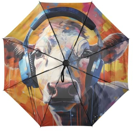 Linnyio Coole Musik Aquarell Kuh Winddichter Reise Regenschirm mit Automatikfunktion Öffnen Schließen Kompakter Schirm Mit UPF 50+ Sonnenschutz Ideal für Jugendliche Mädchen.