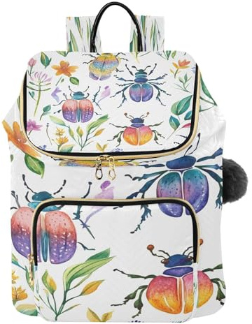 Mnsruu Gesteppter Damen-Rucksack, Aquarell, Zuckerpflaume, bunte Käfer, Insekten, Reise-Laptop-Tasche mit Gepäckgurt und versteckten Taschen, leicht, lässig, Arbeit, Uni, Tagesrucksack (29 x 17 x 36