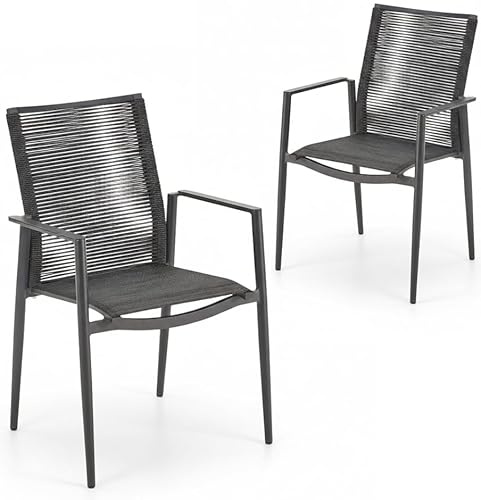 Liadomo Gartenstuhl 2er-Set Mannoli - 2 Stück Stapelstuhl - Alu mit Textilen und Rope - wetterfest - stapelbar - fertig montiert - Aluminium-Armlehnen - für Garten, Terrasse, Balkon