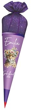 Generisch Personalisierte Schultüte aus Stoff mit Name – Lila Zuckertüte für Mädchen – Wunschmotiv – Einschulung 2026 – Schultüte personalisiert (Leopard)