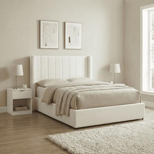 Home Source Alix Double 4ft6 Ottoman Storage Bed, White Boucle, Fluted Headboard, Upholstered