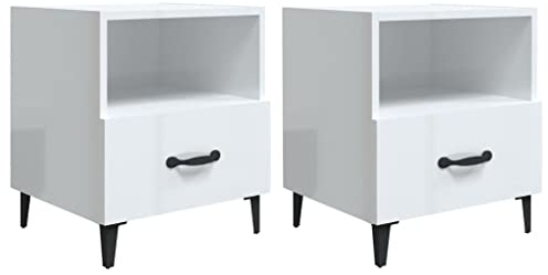 pokgdf High Gloss White Engineered Wood Bedside Cabinet with 1 Drawer and 1 Shelf, Nightstand with Stable Top for Plants and Smooth Surface, Set of 2