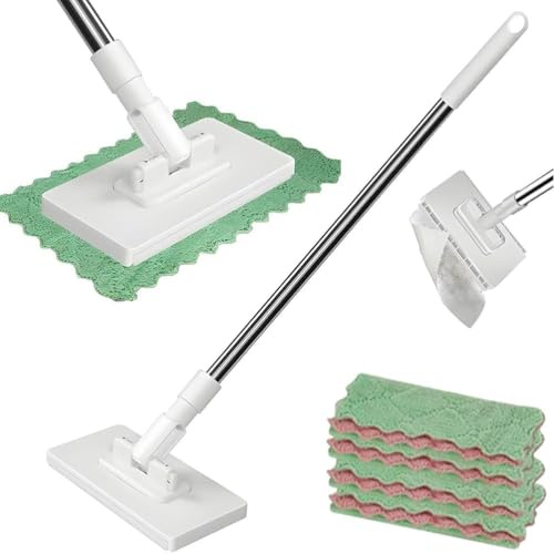 Lazy Mop Clip On Disposable Dust Mop with 4 Reusable Cloths, Snap Grip Mini Mop, Automatic Cloth Changing, 360° Rotating Head, for Floor, Wall, Bathroom, Kitchen