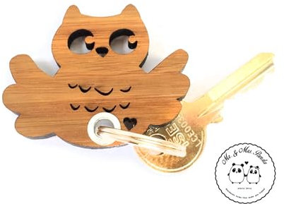 Mr. & Mrs. Panda Schlüsselanhänger Eule Breitflügel - Geschenk, Glücksbringer, Nachtaktiv, Schlüsselbund, Maus, Schlüsselanhänger aus Holz,