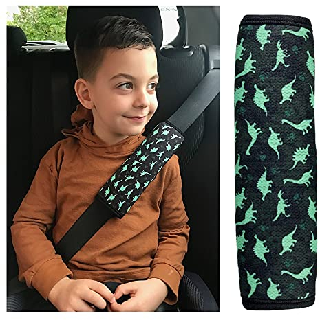 HECKBO 1x Kinder Auto Gurtpolster Gurtschutz mit Dinosaurier Dino Motiv - Sicherheitsgurt Polster für Kinder und Babys- Ideal für jeden Gurt Autositzerhöhungen Kinder Fahrradanhänger Flugzeug