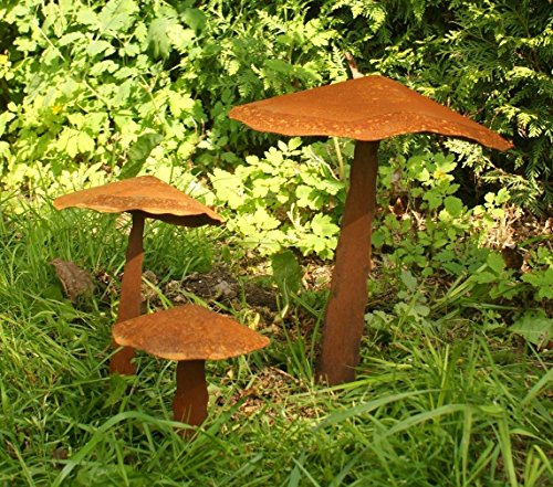 Gartendekoshop24 – Gartendeko Figuren Pilze aus Rost. Roststecker 3er-Set, aus Edelrost, handgemacht. 3 dekorative Pilze, Stecker, für den Garten, oder Blumentöpfe. Geschenk, wetterfest.