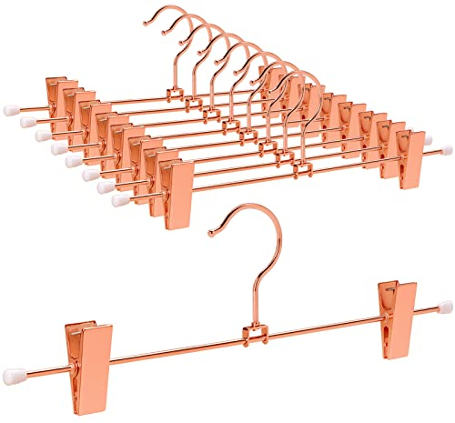 Amber Home 30cm Shiny Copper Metal Trousers Hangers 10pcs, Fashion Rose Gold Metal Skirt Hanger for Slacks Pants Jeans Bottoms with Non-slip Adjustable Clips