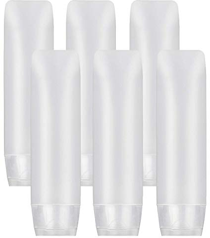 JamHooDirect 6Pcs 50ml Clear Plastic Empty Travel Bottles with Flip Cap, Transparent Refillable Cosmetic Containers Squeezable Tubes includes 12 stickers for Shampoo, Conditioner, Lotion, Toiletries