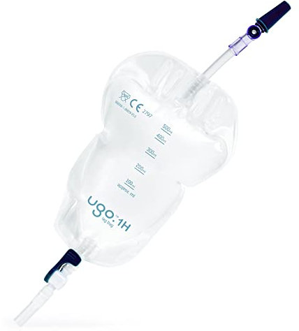 Ugo Sacche Gamba per Urina (x10) – Borsa per il drenaggio delle urine/per catetere, design naturale ergonomico (Pacchetto da 10) (Ugo 1H - 500ml, Tubo Corto, Rubinetto A Leva)