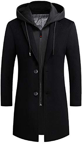iCKER Men's Wool Woolen Coat Long Trench Coat Winter Casual Jacket Slim Fit Overcoat, Black 4(cotton), M