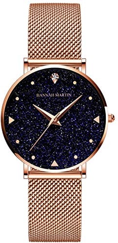 HANNAH MARTIN Sternenhimmel Damen Uhren Analog Quarz Edelstahl Wasserdicht Mesh Ultradünne (Schwarz Oberfläche ,Rosegold Armband)