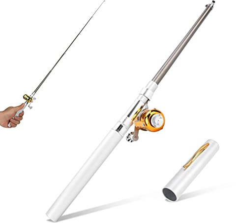 Cyrank Mini bolígrafo de Bolsillo, caña de Pescar, bolígrafo de Pesca telescópico portátil con Carrete de Pesca para Agua Salada, Agua Dulce