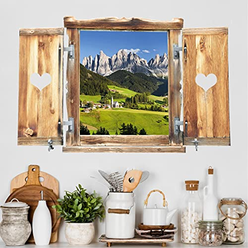3D Wandtattoo - Fenster mit Herz Geislerspitzen in Südtirol, Größe:30cm x 45cm