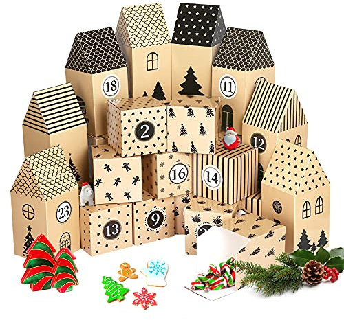 Kesote Adventskalender zum Befüllen Schachteln 24 PCS Häuser Boxen Weihnachten Kisten Geschenkboxen Karton zum Basteln Deko Kinder