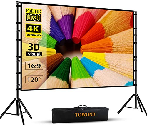 TOWOND Projektor-Leinwand und Ständer, 304,8 cm (120 Zoll) Outdoor-Projektionsleinwand, tragbare 16:9 4K HD Filmleinwand hinten mit Tragetasche, faltenfreies Design für Heimkino, Hinterhofkino