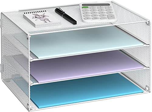 DALTACK Briefablage mit 3 Ebenen, Papier-Organizer, Netz-Metall, Schreibtisch-Organizer für Zuhause und Büro, Weiß