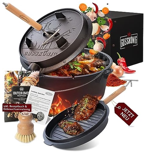 GUSSKÖNIG Olla de Hierro Fundido 9L – Cocotte con Pies para Cocción Lenta – Doble Función: Asado y Guisos – Incluye Levantador de Tapa 2 en 1, Cepillo y Recetario (4-7 Personas)