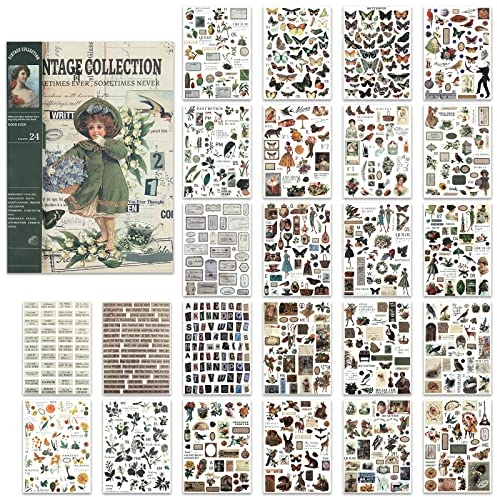 NOGAMOGA Junk Journal Aufkleber, Scrapbooking-Zubehör, Vintage Journaling Sticker, Satz mit 24 Blättern, 17 cm × 24 cm - Grün