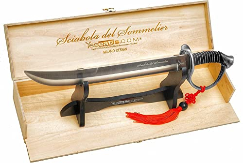 YesEatIs - Champagnersäbel für Sommelier mit Holzvitrine - Stahlgriff - 2 Zierbänder inklusive