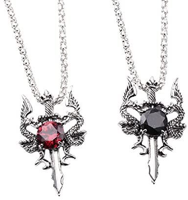 Doppel Drachen Schwert Kreuz Anhänger Halskette Mit 19,7 Kette - Flügel Drachen Kristall Amulett, Vintage Punk Tier Schmuck (Rot)