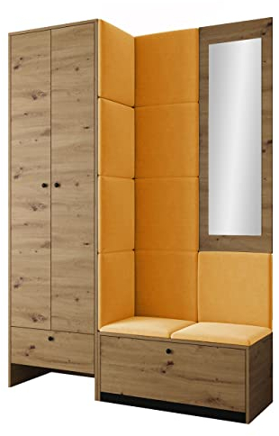 Mirjan24 Garderoben-Set Melire I, Kleiderschrank + Schuhschrank + Spiegel + Gepolstertes Paneel/Wandpaneel, Kleiderstange, Wandgarderobe, Flurgarderobe (Eiche Artisan, Manila 32)