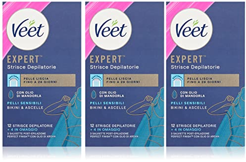 Veet Expert Haarentfernungsstreifen für Achseln und Bikinizone, Waxing für empfindliche Haut mit Mandelöl, dermatologisch getestet, 3 Packungen à 8 x 2 Streifen + 9 Tücher nach der Haarentfernung