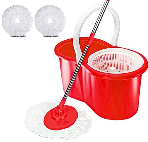 360 FLOOR MAGIC SPIN MOP BUCKET SET MICROFIBER WITH 2 MOP HEAD PADS + BRUSH NEW (Red)