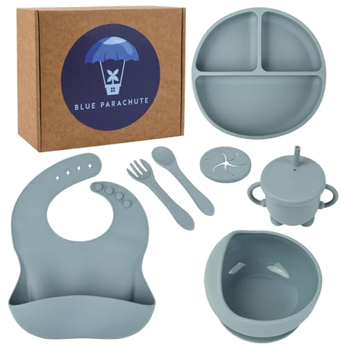 Baby Feeding Silicone Set, Weaning Kit with Suction Plate, Bowl, Adjustable Bib, Utensils Set - Perfect for Infant & Toddler Mealtime, Non-Slip Dishware, BPA-Free, Easy Clean (Blue)