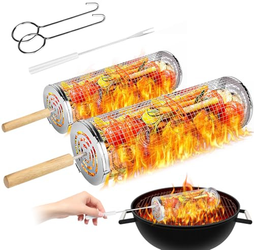 Flintronic Rolling Grillkorb, 2-teiliger Rollender Grillkorb, Grillkorb Edelstahl mit Gabel, für Camping und Terrassengrills Freien, für Gemüse, Pommes Frites, Fisch, Fleisch (Groß 31CM+Klein 21CM)