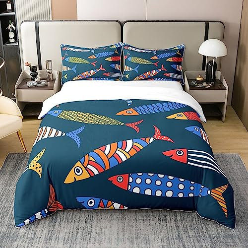 Seetier 100% Baumwolle Bettbezug 220x240,Azteken Regenbogen Fisch Tröster Abdeckung,Tribal Bunte Fisch Quilt Cover,Geometrische Ozean Leben Bettwäsche,Kawaii Cartoon Fisch Bettbezug mit 2 Kissenbezüge