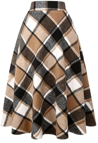 Ylingjun Jupe longue en laine à carreaux pour femme - Chaude - Taille haute élastique - Ligne A - Jupe tartan plissée en laine plissée, Marron, Taille L