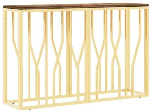 vidaXL Konsolentisch, Tisch für Wohnzimmer Flur Eingangsbereich, Beistelltisch mit Gestell aus Edelstahl, Flurtisch Eingangstisch, Golden Edelstahl Altholz Massiv
