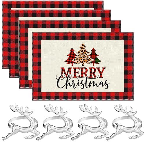 8 Stück tischset Weihnachten,4pcs Weihnachtsbaum rot platzset Weihnachten mit 4pcsrentiere serviettenringe Weihnachten für weihnachtsfeiern bankette tischdeko Weihnachten Set