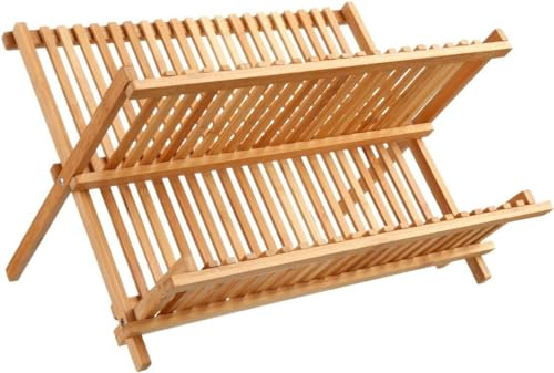 Avilia Escurreplatos Plegable | Escurreplatos de 2 Niveles | Escurreplatos de bambú | Escurreplatos de Fregadero | Escurreplatos Ahorra Espacio | Escurreplatos de Madera 34 x 42 x 25 cm