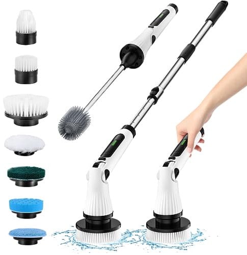 Leebein Electric Spin Scrubber, Upgraded Electric Scrubber for Cleaning, Spin Scrubber with Long Handle & 8 Replaceable Brush Heads, Remote Control Shower Cleaner Brush for Bathroom, Floor