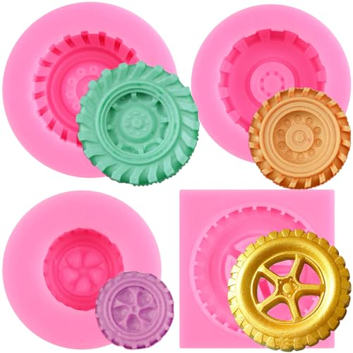 RFGHAC 3D Round Tire Fondant Mould Truck Wheel Shape Silicone Mould for Cake Decoration Cupcake Topper Chocolate Candy Gum Paste Crafting Polymer Clay Set of 4