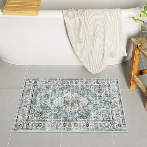 Uphome Blauer Badezimmerteppich, Landhaus-Stil, Boho-Badematte, bequemer Samt, klein, rutschfest, waschbar, orientalischer Vintage-WC-Vorleger für Waschbecken, Dusche, Waschtisch, 45,7 x 66 cm