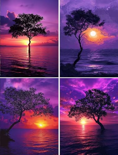 Diamond Painting,4 Pack 5D Diamant Painting Bilder Erwachsene Kinder,DIY Sonnenuntergang Diamant Malerei Set,4 Stück Bäume Diamond Painting für Wohnzimmer Schlafzimmer Wand Dekoration Geschenk 15x20cm