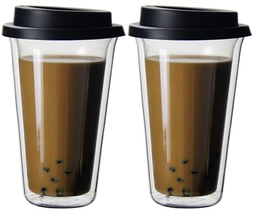 2PCS Insulated Coffee Mug with Lid, 12oz Double Walled Glass Coffee Tumbler, Reusable Clear Cups, Dishwasher Safe Glass Travel Mug for Hot or Cold Drinks