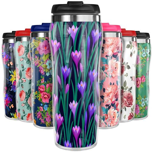 Pixly® Floral Pattern Thermal Travel Mug Coffee Tea Flask, 400ml/14oz Capacity, Flowers, Roses, Tropical Plants, Gift Idea for Mother's Day Mum Wife Girlfriend Her (Crocus Serenade)