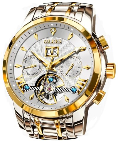 OLEVS Herren-Automatikuhr, Edelstahl, Skelett, mechanisch, Datum, Kalender, luxuriös, klassisch, Business, wasserdicht, leuchtende Armbanduhren, Gold Silber, Timer