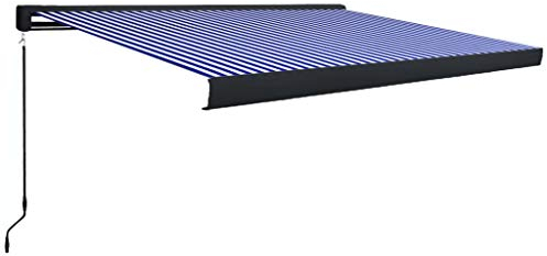 Homgoday Markise Kassettenmarkise Balkonmarkise Sonnenmarkise Terrassenmarkise Sonnenschutz, mit Handkurbel Markise für Terrasse Balkon Fenster 450x300 cm Blau und Weiß & Grau Rahmen