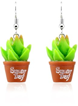 Unique Hanging Plant Earrings - Flower Pot & Cactus Designs - Women's Gifts, Resin, No Gemstone