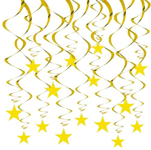 RIBBOOO Gold Hanging Reflective Star Paper Garland, 15 PCS Gold Star Glitter Garland Streamer for Graduation Wedding Baby Shower Decorations, Pack of 15