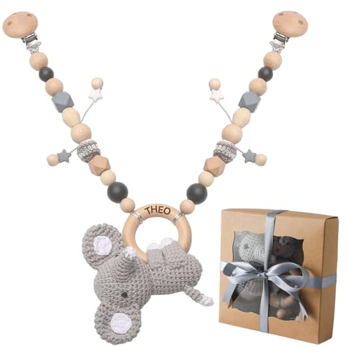 Mamimami Home Kinderwagenkette aus Holz und Silikon Kinderwagenspielzeug Mädchen Junge Sonderanfertigung (Elefant,Namensgravur verfügbar)