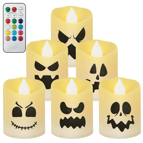 Candele LED Halloween Con Fiamma Tremolante - 6 Pezzi Con Timer e Luci - Batteria, Da Tè, Fantasma - Per Decorazione Festa Di Natale - 3,6x4,8 cm