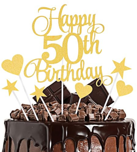 Tortenaufsatz-Set Happy 50th Birthday Glitzernde Kuchendekoration aus Papier Glitzernde Cupcake-Bannerstäbe Gebäckdekor Schilder-Set für Jubiläumsparty-Zubehör